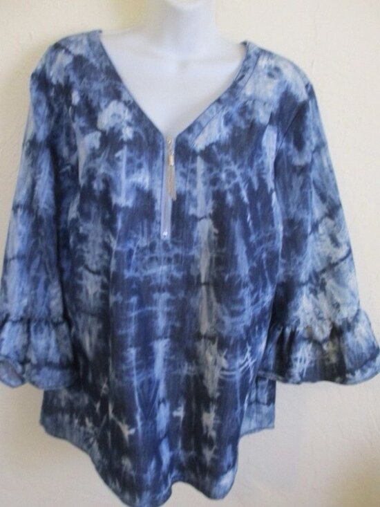 Given Kale Tops - Given Kale Womens Tunic Top Sz 3X Blue Tie Dye Blouse Metal Tassel Zipper Shirt